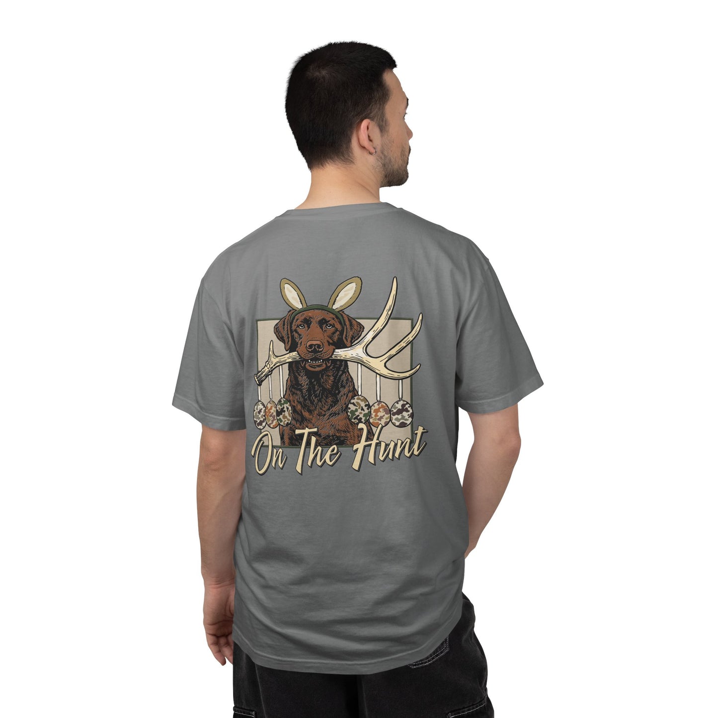 Landon's Easter Brown Lab Hunting Dog Graphic T-Shirt — "On The Hunt" Retro Antler Design