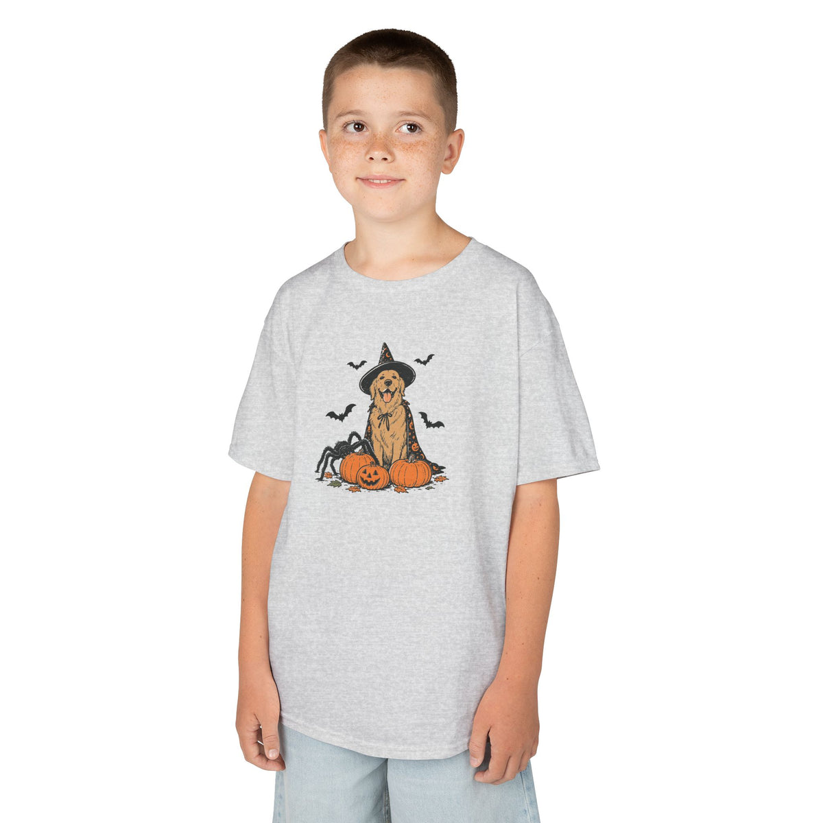 Kids Halloween Witch Tee – Cute Witch Dog with Pumpkins Kids T-Shirt