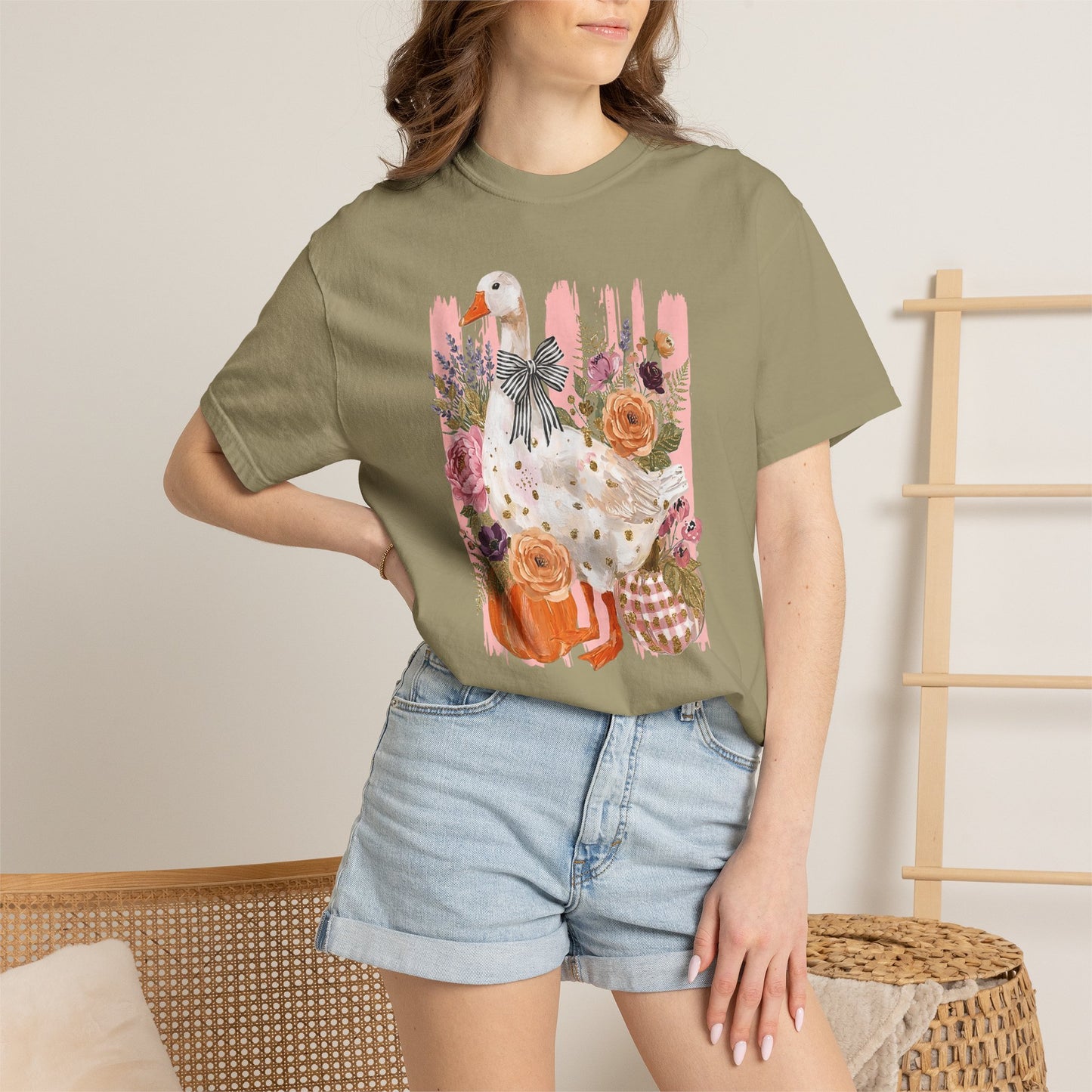 Autumn Farmyard Goose T-Shirt — Pumpkin & Floral Fall Tee