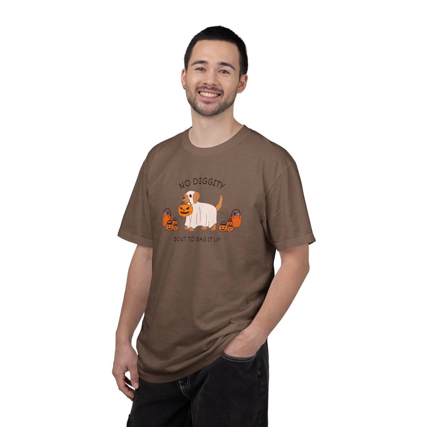 No Diggity Dog T-Shirt — Cute Puppy with Pumpkins "Bout to Bag It Up"