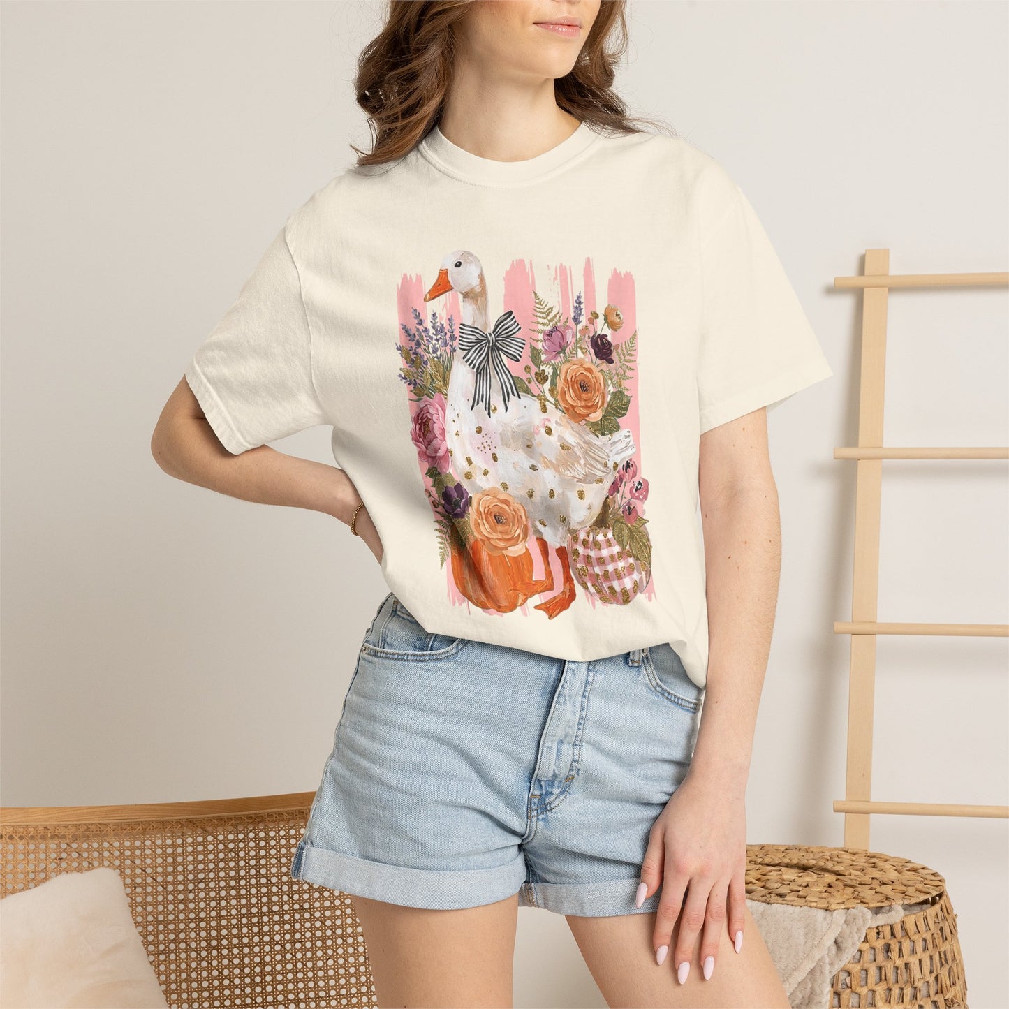 Autumn Farmyard Goose T-Shirt — Pumpkin & Floral Fall Tee