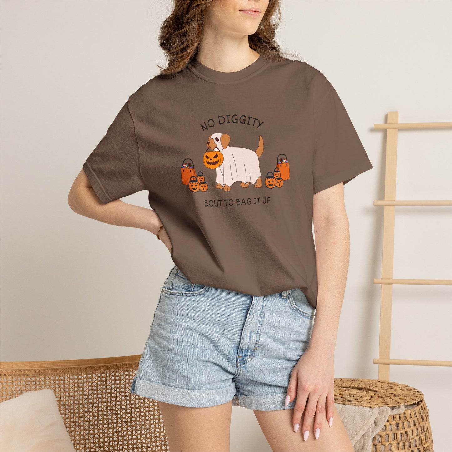 No Diggity Dog T-Shirt — Cute Puppy with Pumpkins "Bout to Bag It Up"