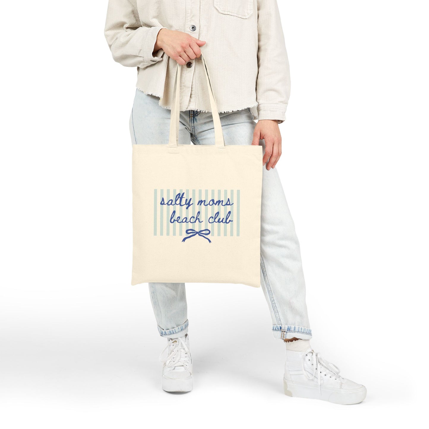 Salty Moms Beach Club Canvas Tote — Nautical Striped Eco Market Bag