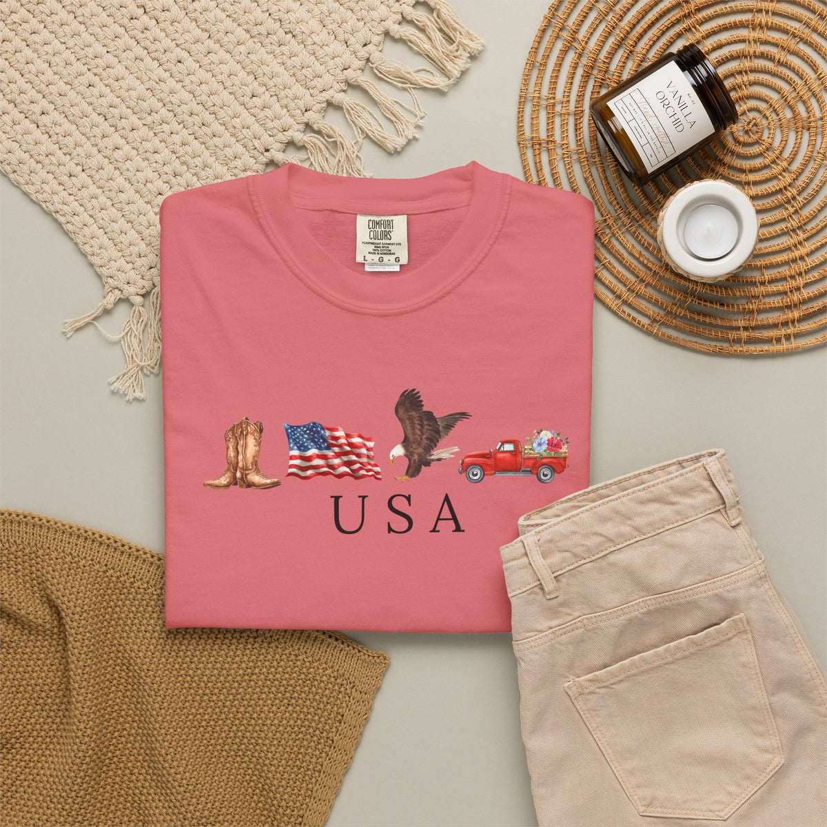 USA Americana Graphic T-Shirt — Boots, Flag, Eagle & Truck Design