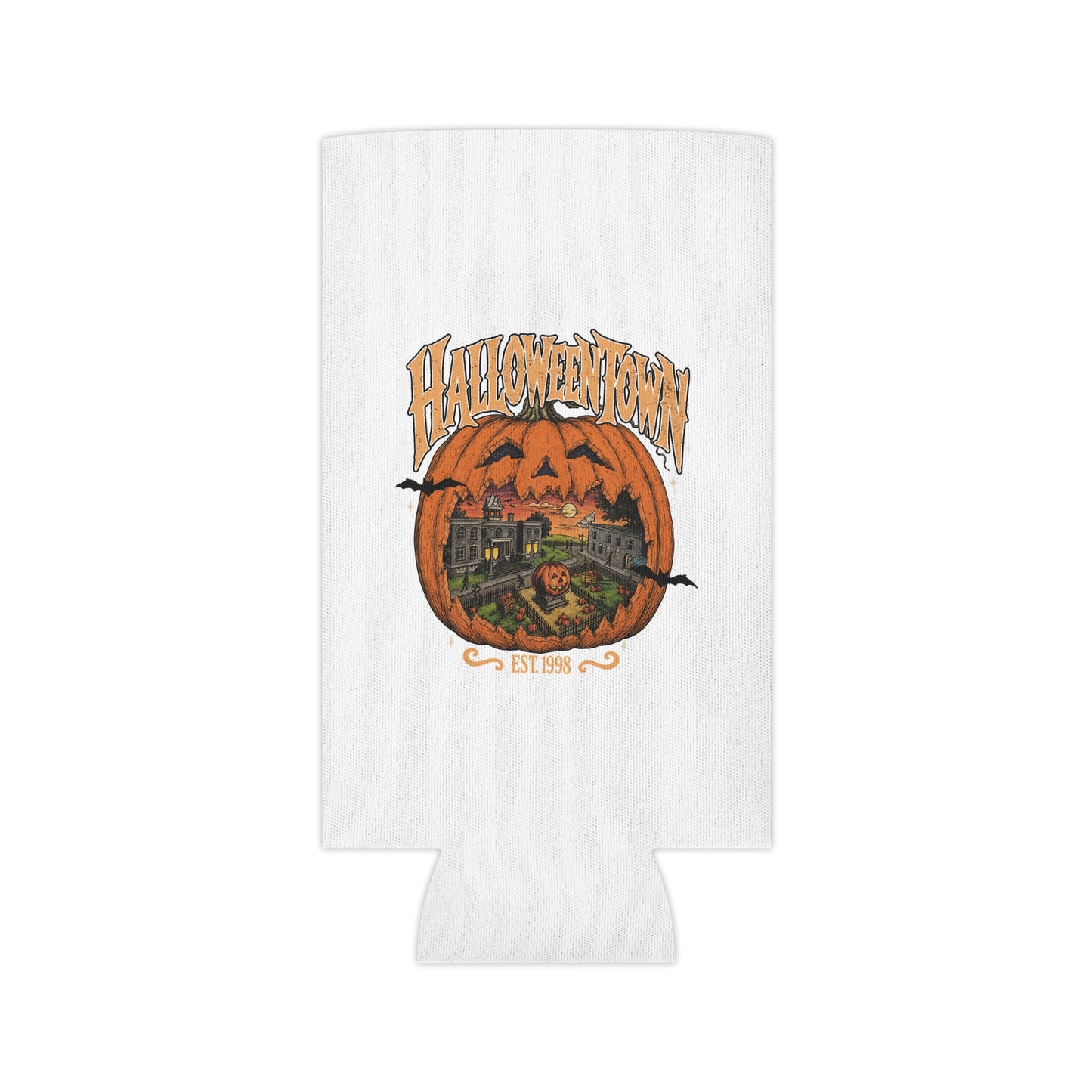 Halloween Town Can Cooler – Retro Pumpkin Village Beverage Koozie (Est. 1998)