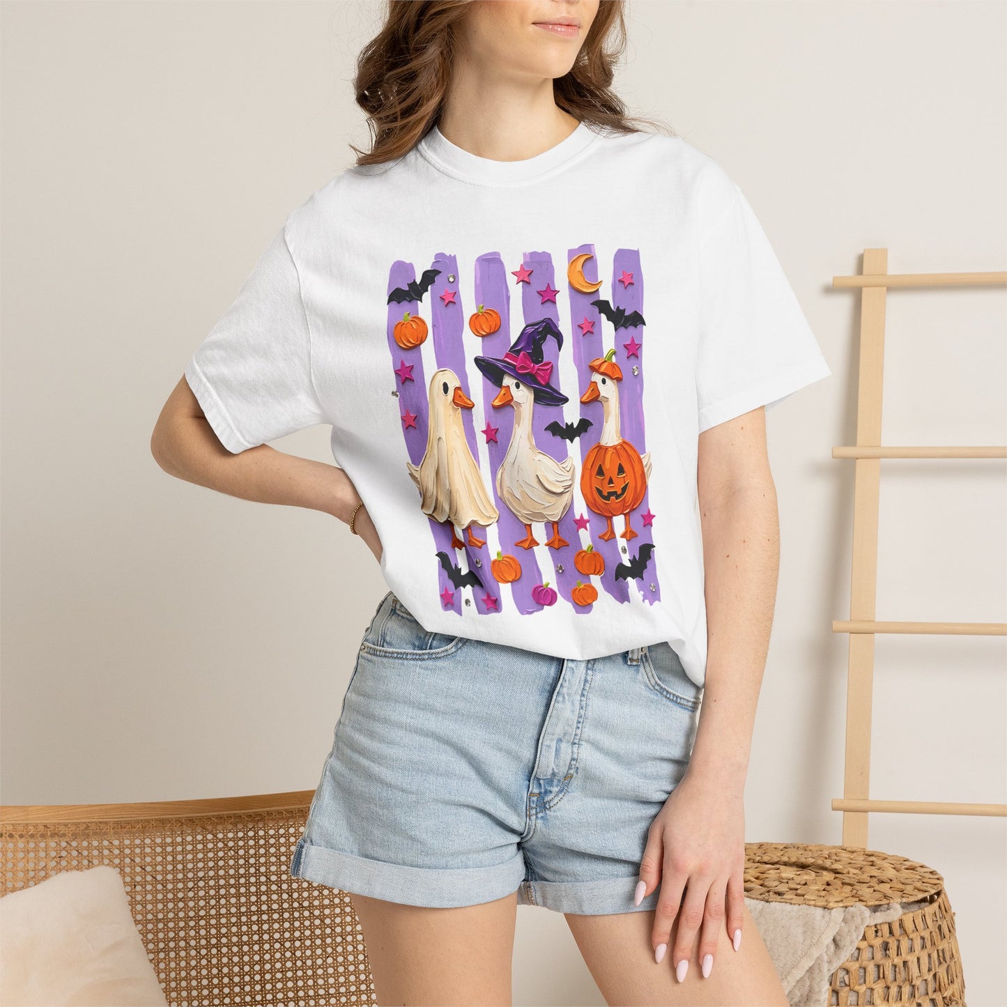 Halloween Goose T-Shirt — Cute Ghosts, Witch Hat & Pumpkin Design