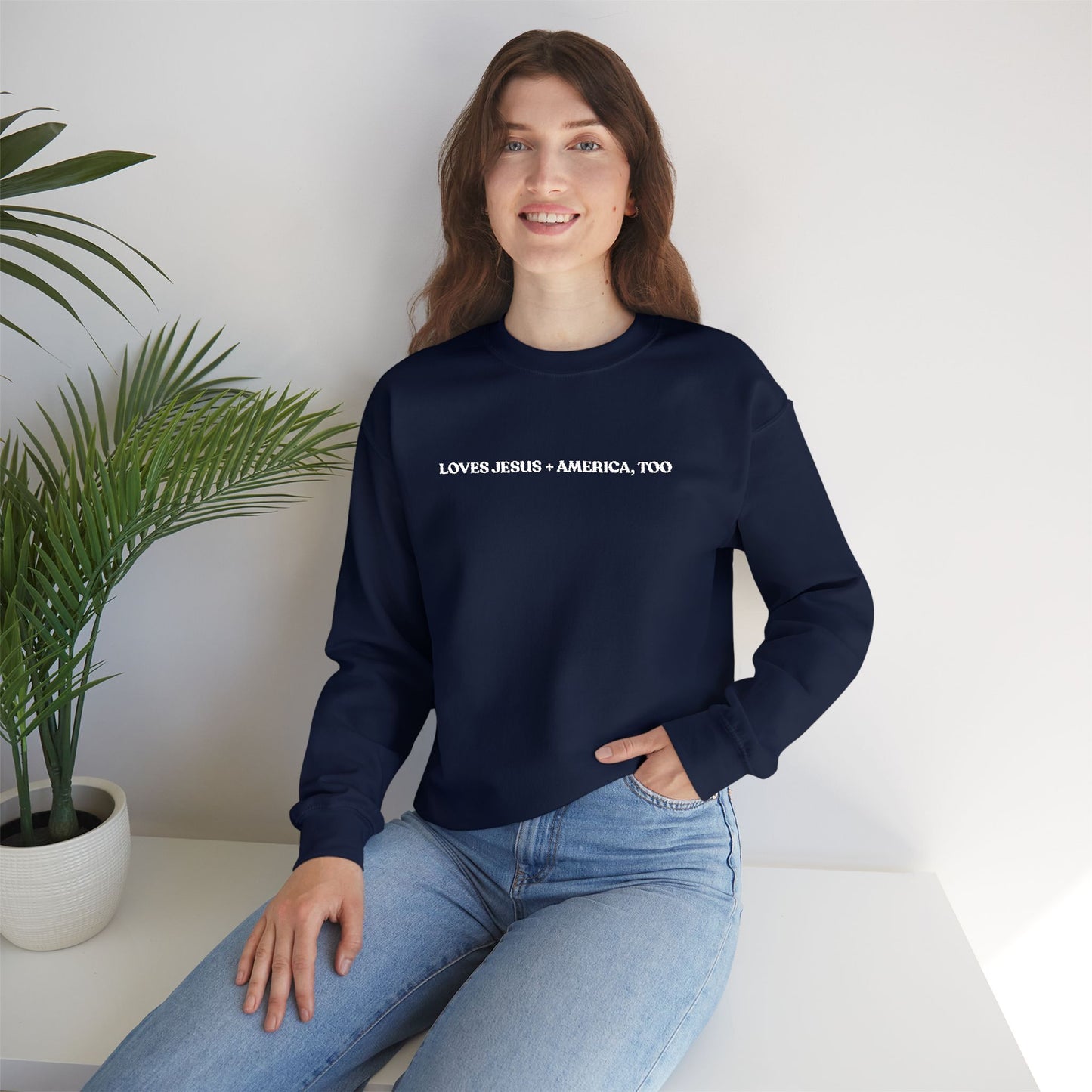 Crewneck Sweatshirt - Minimal White Script "Loves Jesus + America, Too" Embroidered Cozy Casual Pullover