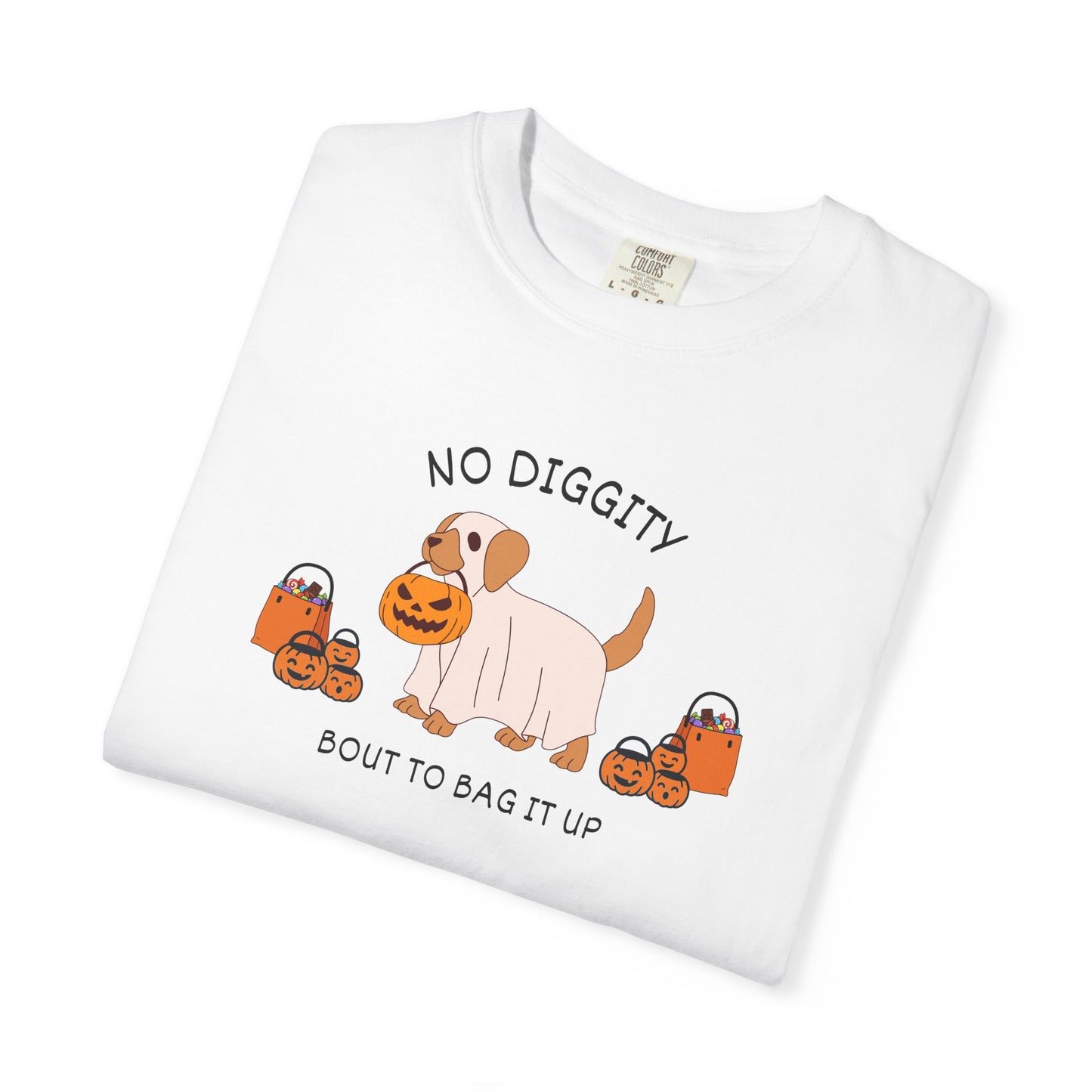 No Diggity Dog T-Shirt — Cute Puppy with Pumpkins "Bout to Bag It Up"