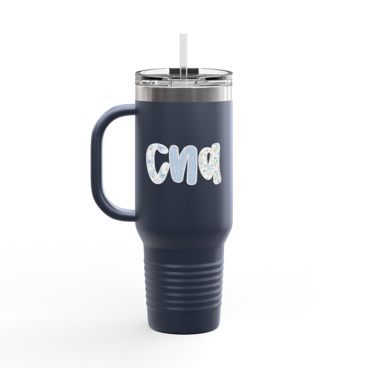 40oz Insulated Travel Mug — Floral Monogram 'CNA' Tumbler with Handle (Keeps Drinks Hot & Cold)