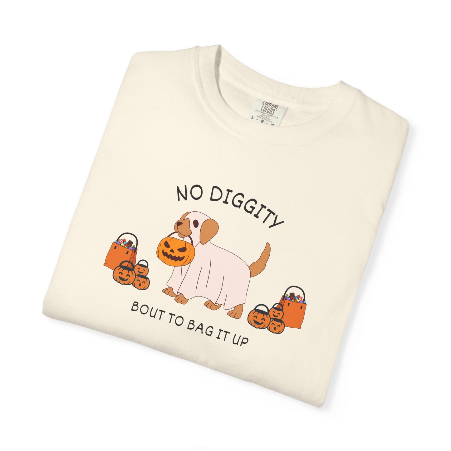 No Diggity Dog T-Shirt — Cute Puppy with Pumpkins "Bout to Bag It Up"