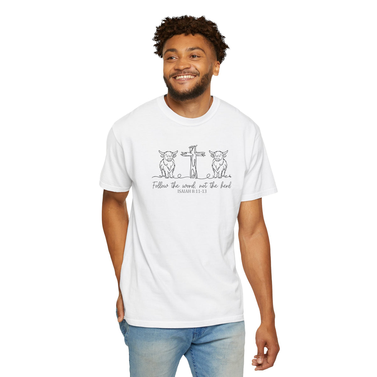 Christian Cross & Cow T-Shirt — "Follow the Word, Not the Herd" Graphic Tee