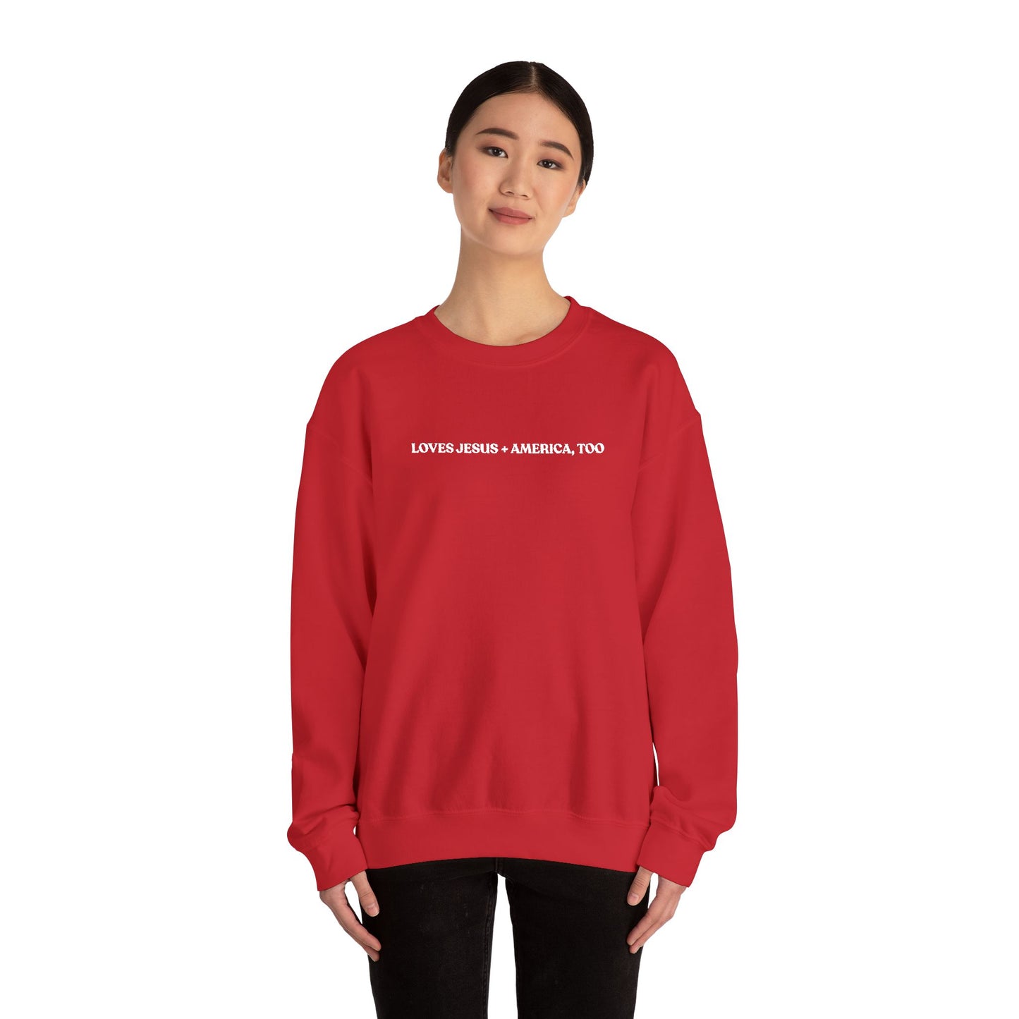 Crewneck Sweatshirt - Minimal White Script "Loves Jesus + America, Too" Embroidered Cozy Casual Pullover