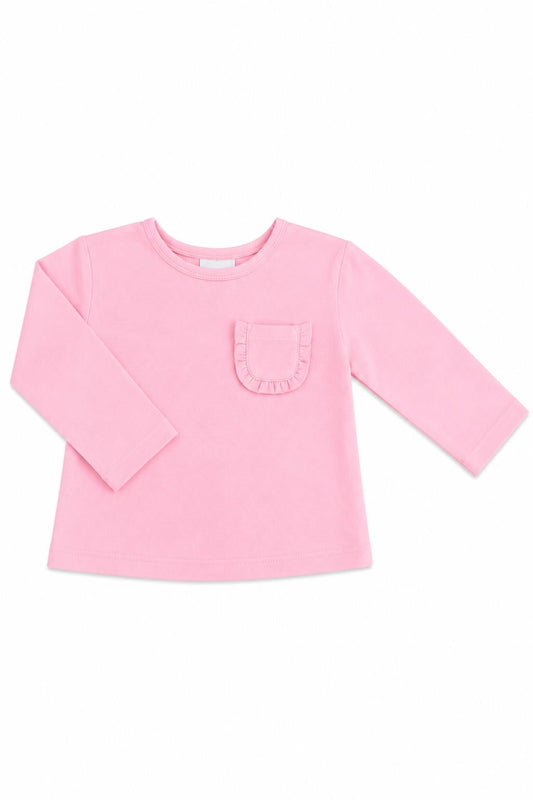 Bubblegum Pink Long Sleeve Girls Ruffle Pocket Tee