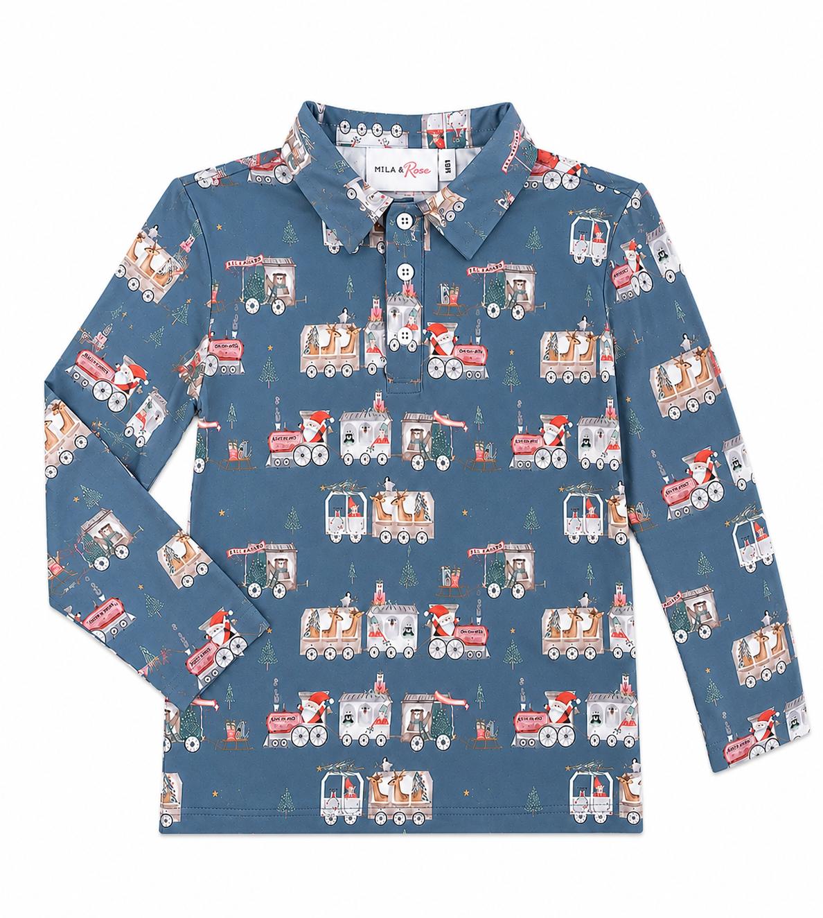 North Pole Express Long Sleeve Boy's Christmas Polo