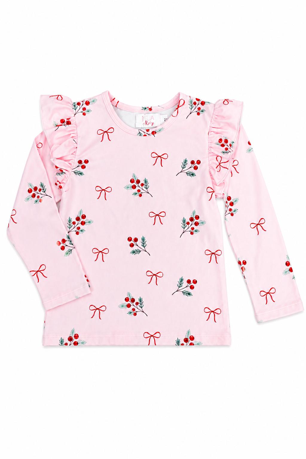 Winter Berries Long Sleeve Girls Christmas Ruffle Tee