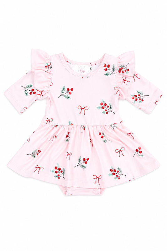 Winter Berries 3/4 Sleeve Girls Christmas Flutter Twirl Bodysuit