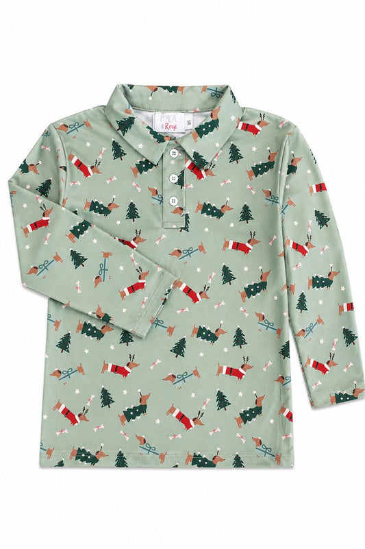 Dachshund Through the Snow Long Sleeve Boy's Christmas Polo