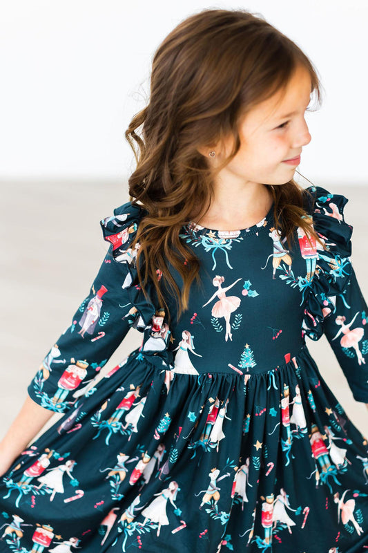 Girls Christmas Ballet 3/4 Sleeve Ruffle Twirl Dress
