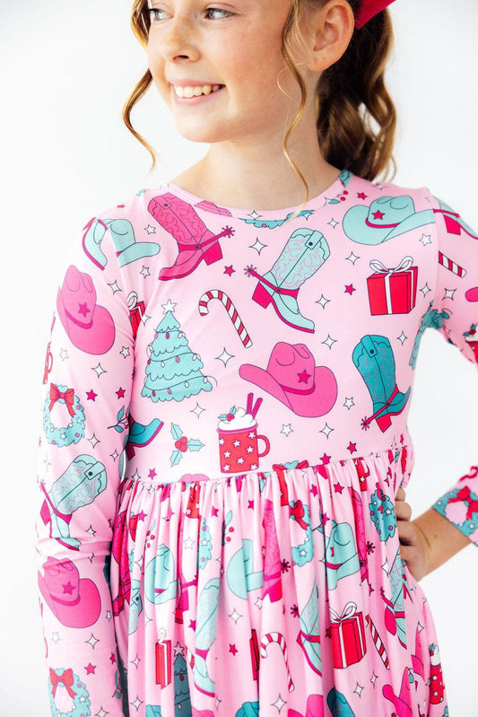 Christmas Cowgirl Long Sleeve Pocket Twirl Dress