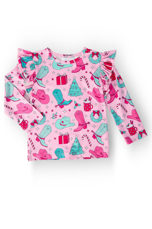 Christmas Cowgirl Long Sleeve Ruffle Tee