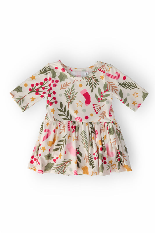 Holly Jolly Christmas Girls 3/4 Sleeve Twirl Bodysuit