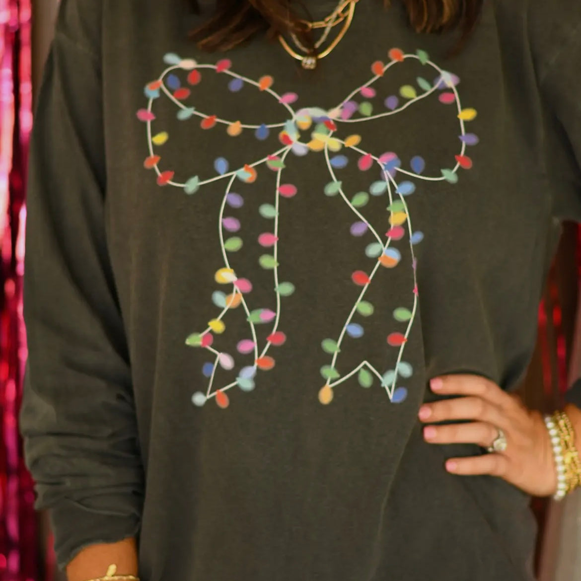 Christmas Lights Bow Long-Sleeve Tee