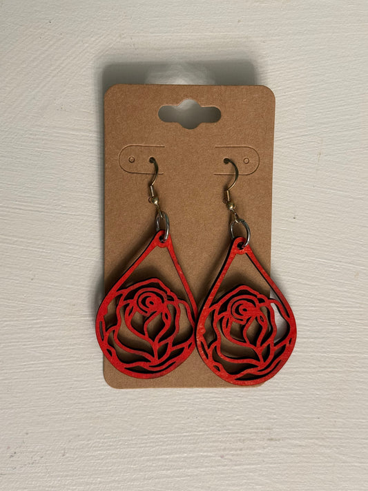 Wooden Red Rose Dangles