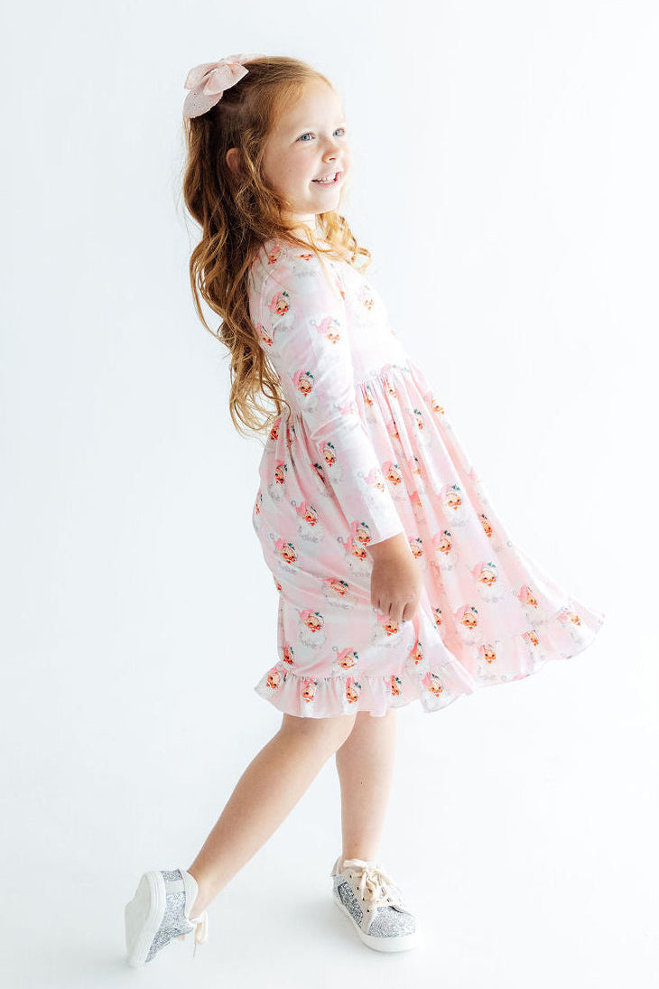 Storybook Santa Long Sleeve Ruffle Hem Girls Christmas Twirl Dress