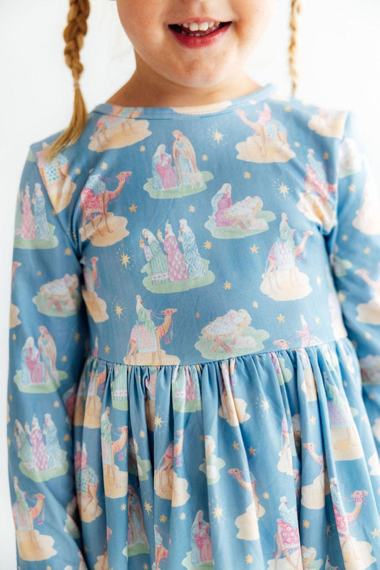 Nativity Long Sleeve Girls Christmas Ruffle Hem Twirl Dress