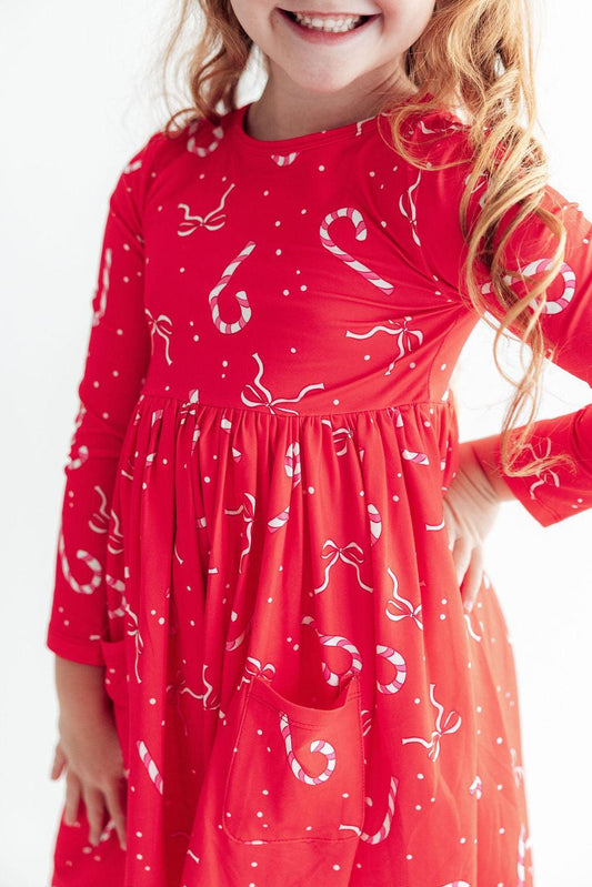 Peppermint Dreams Long Sleeve Girls Christmas Pocket Twirl Dress